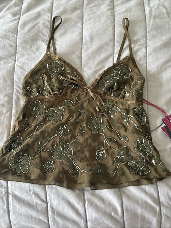 Madden Girl Tops - Madden Girl Olive Green Beaded Floral Camisole